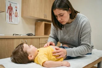 Mère examinant l'aine de son enfant sur une table de consultation pédiatrique dans un cabinet médical moderne
