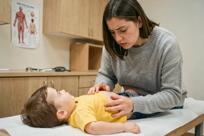 Mère examinant l'aine de son enfant sur une table de consultation pédiatrique dans un cabinet médical moderne