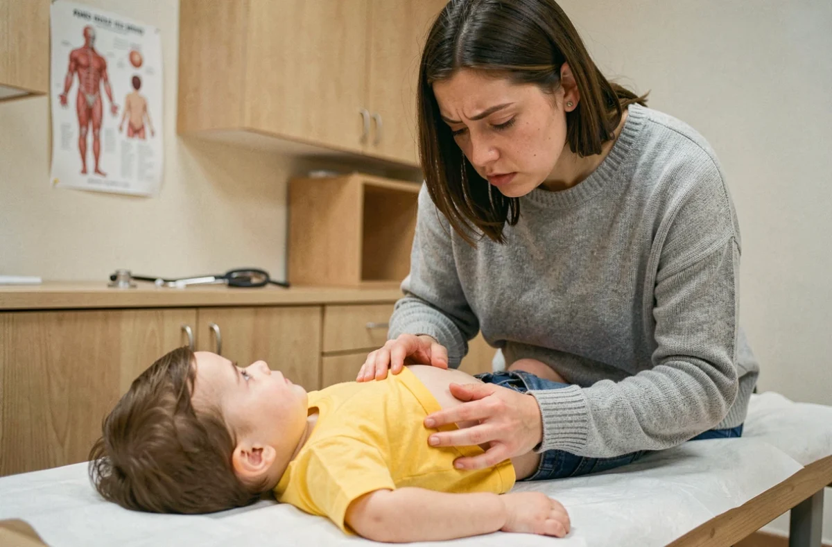 Mère examinant l'aine de son enfant sur une table de consultation pédiatrique dans un cabinet médical moderne