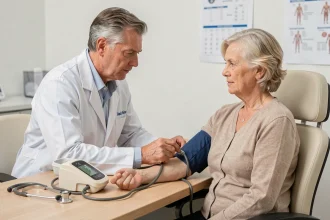 Médecin mesurant la tension artérielle systolique et diastolique d'une patiente âgée dans un cabinet médical moderne