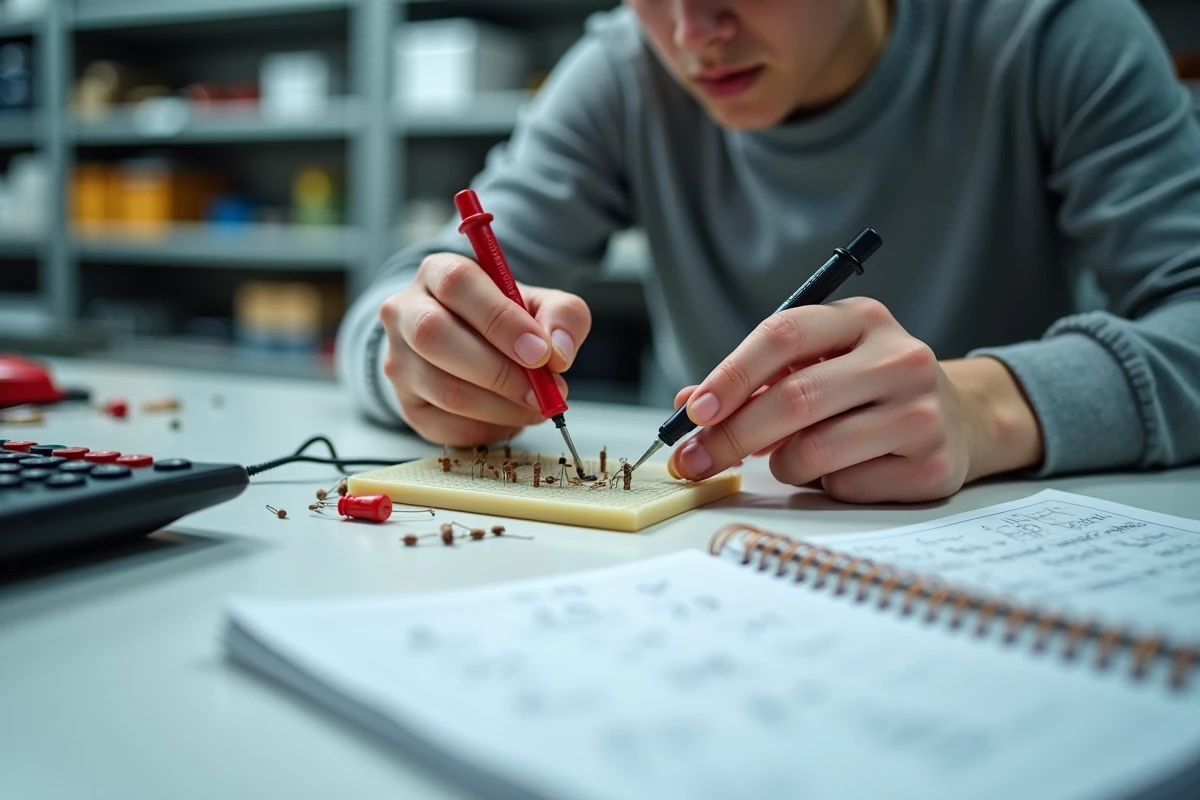 Gros plan sur des mains connectant des sondes de multimètre à un circuit sur breadboard pour mesurer et calculer une tension électrique