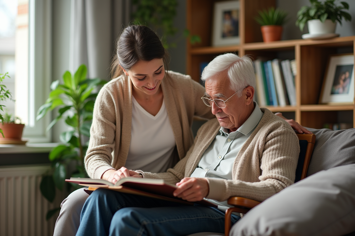 Femme aidant son père en fauteuil dans un salon lumineux