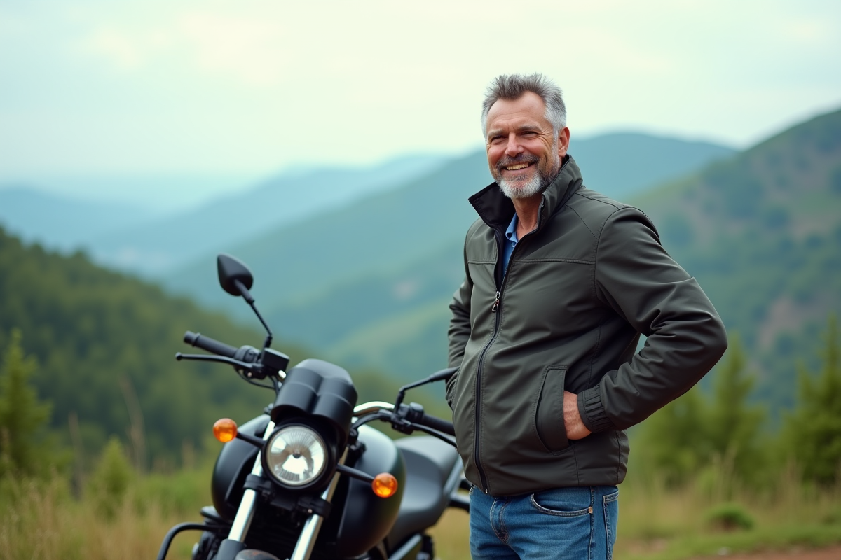 Motard souriant près de sa moto en montagne