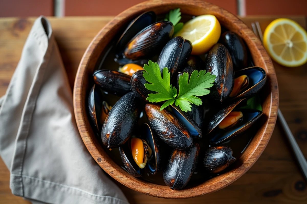 Bol de moules fraîches cuites à la vapeur sur table en bois rustique, garnies de persil et citron, symbole de nutrition et immunité