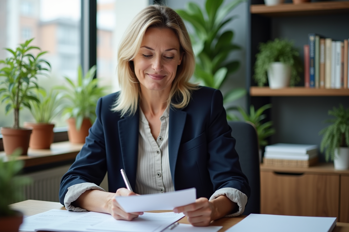 Femme naturopathe en bureau moderne avec plantes et livres