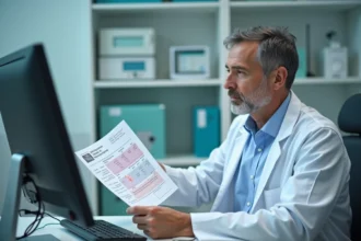 Néphrologue analysant des résultats de microalbuminurie dans un service hospitalier moderne