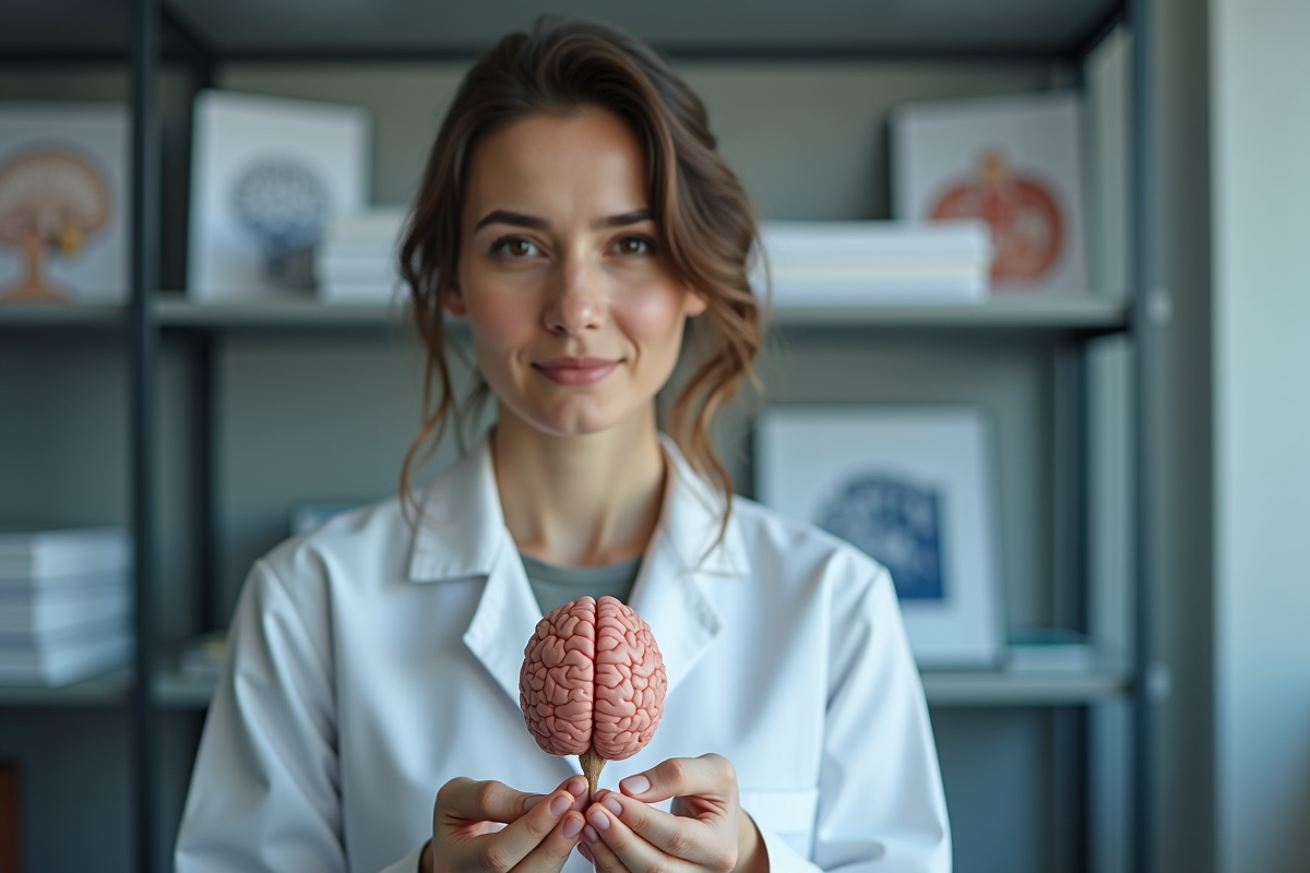 Femme neuroscientifique tenant un modèle de cerveau en laboratoire