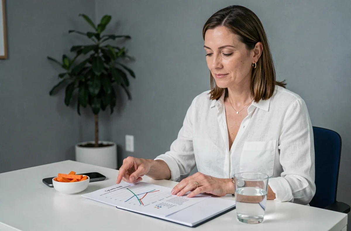 Nutritionniste analysant un tableau d'index glycémique avec des bâtonnets de carottes crues lors d'une consultation diététique