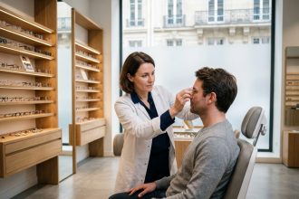 Opticienne professionnelle ajustant des lunettes sur un client dans une boutique d'optique parisienne moderne