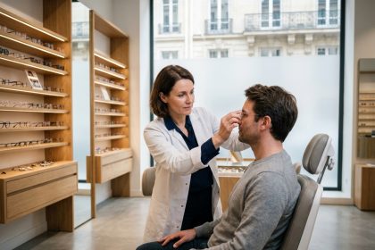 Opticienne professionnelle ajustant des lunettes sur un client dans une boutique d'optique parisienne moderne