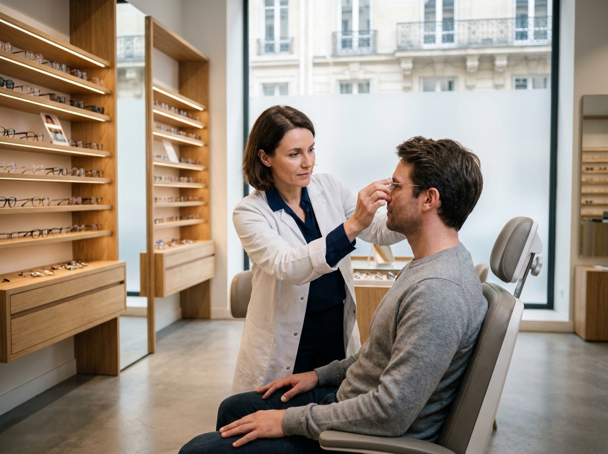 Opticienne professionnelle ajustant des lunettes sur un client dans une boutique d'optique parisienne moderne