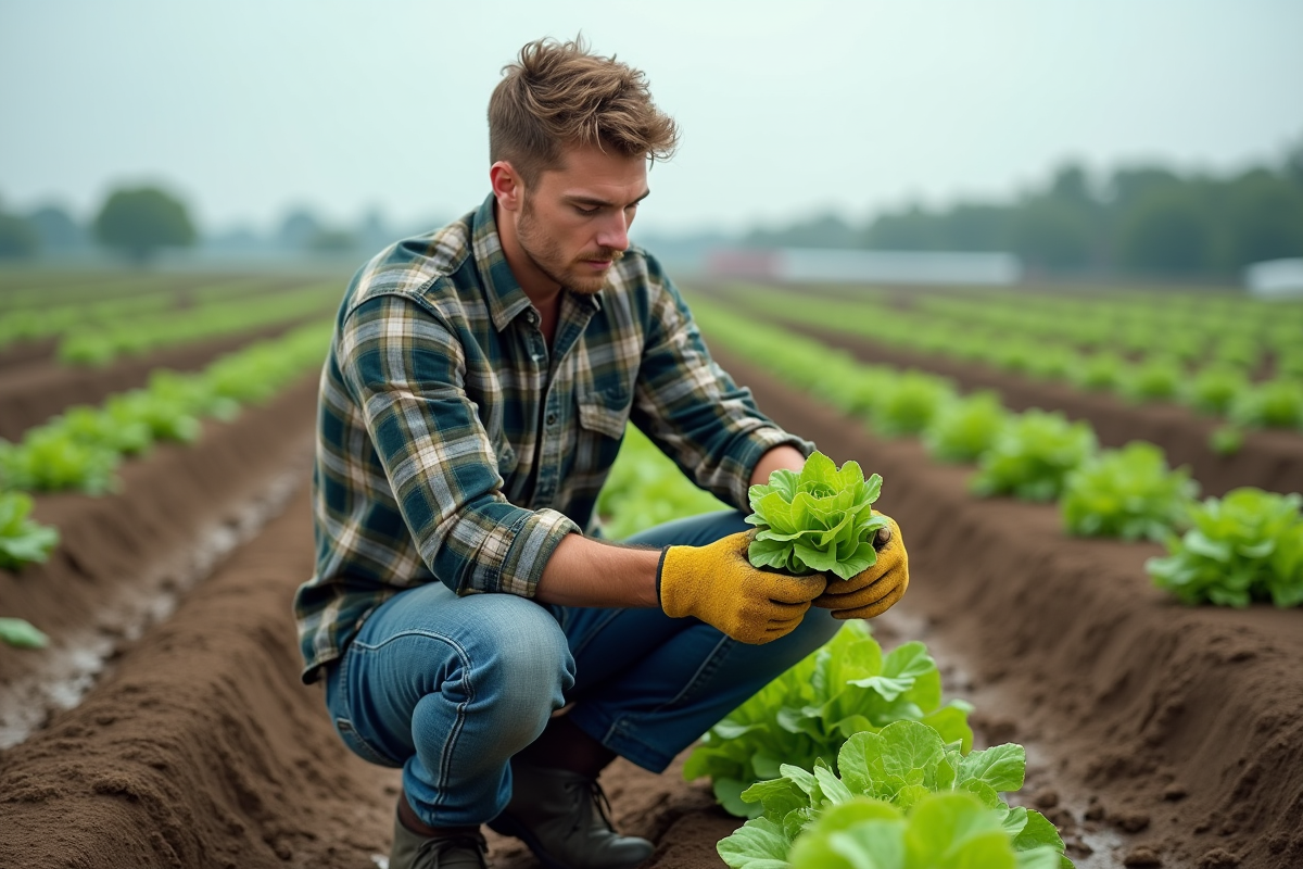Jeune ouvrier agricole examinant de la laitue dans un champ