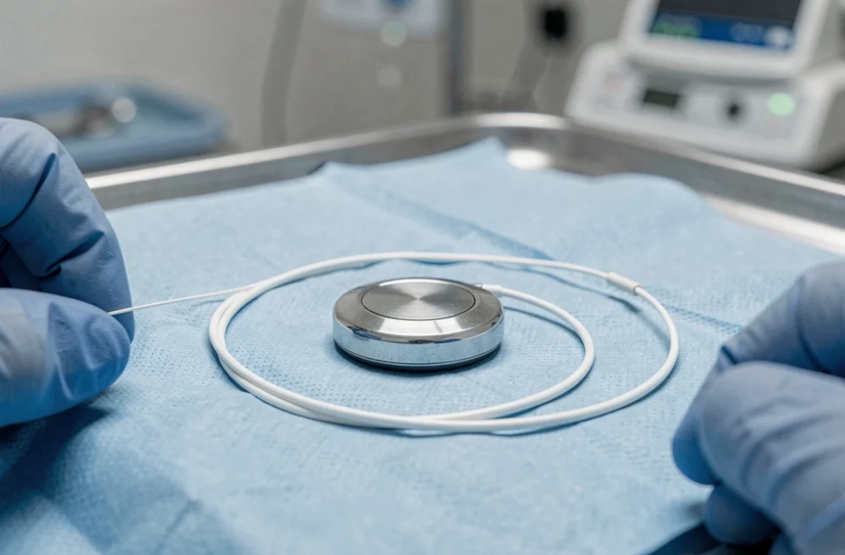 Stimulateur cardiaque pacemaker en titane posé sur un champ opératoire stérile avec sonde de stimulation