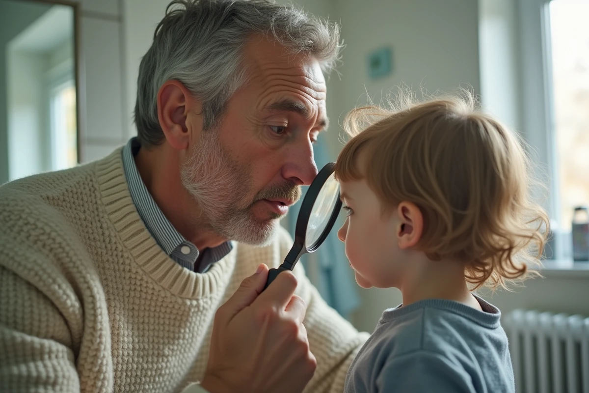 Pere examinant un bébé avec une loupe dans la salle de bain