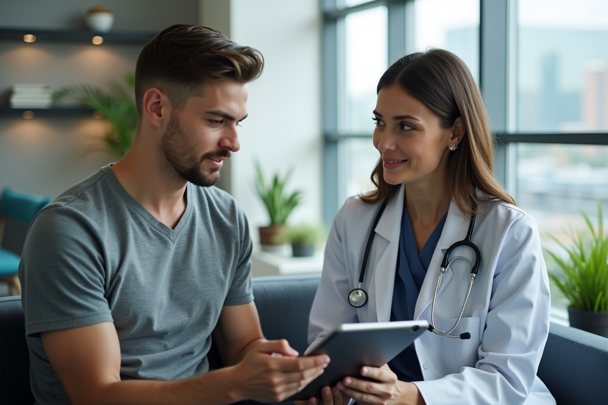 Jeune homme avec tablette en consultation avec une spécialiste
