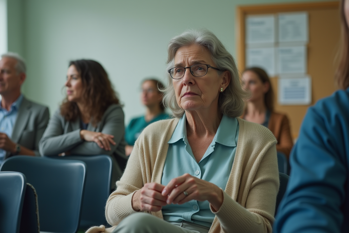 Femme d'âge moyen dans une salle d'attente médicale surchargée
