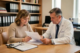 Patiente et médecin spécialiste examinant ensemble des documents médicaux pour préparer une attestation MDPH dans un cabinet médical moderne