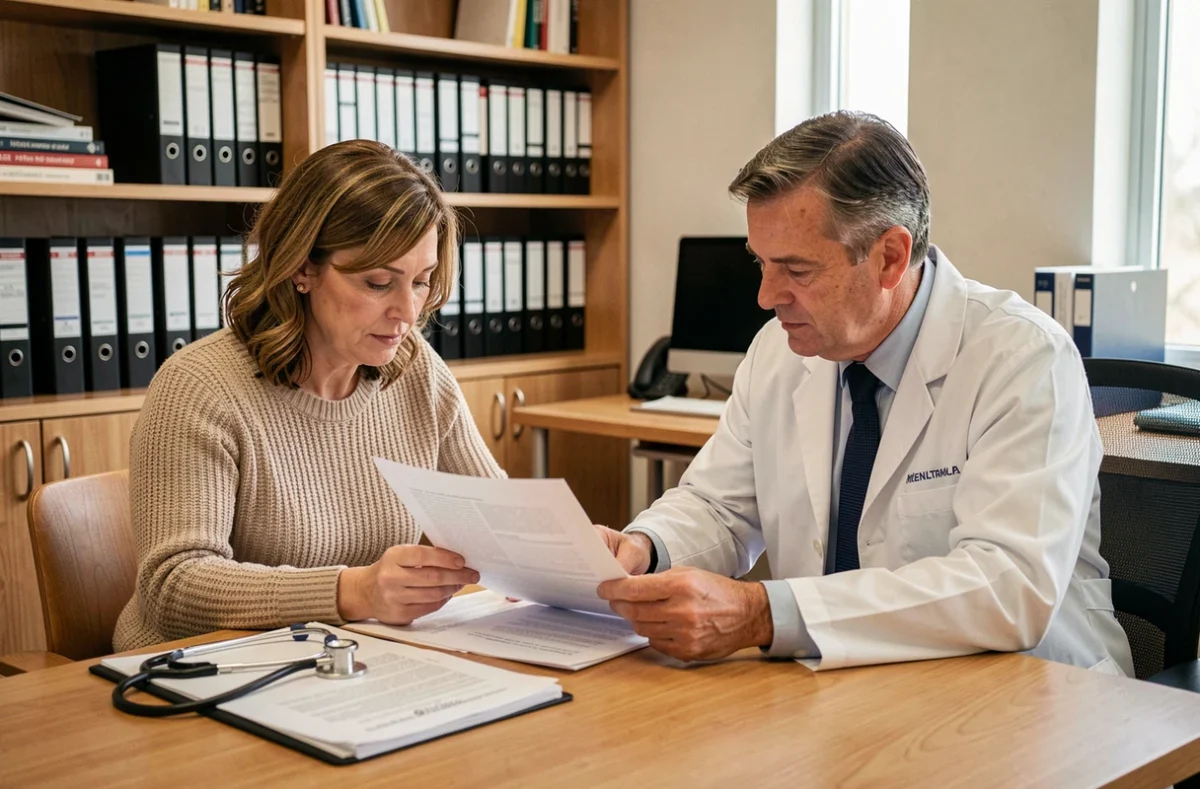 Patiente et médecin spécialiste examinant ensemble des documents médicaux pour préparer une attestation MDPH dans un cabinet médical moderne