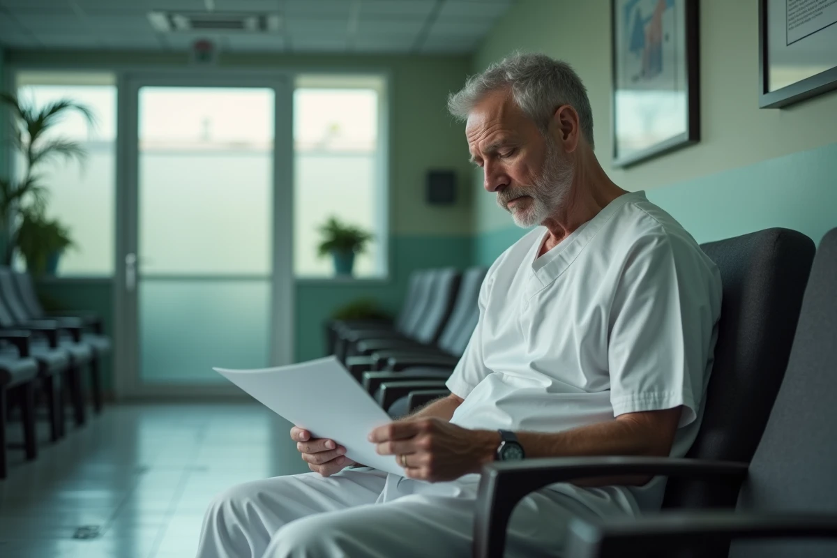 Patient âgé attendant dans une salle d'attente hospitalière avec une ordonnance pour des examens médicaux