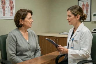 Patiente atteinte d'un cancer de la mâchoire en consultation avec son oncologue dans un cabinet médical calme