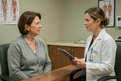 Patiente atteinte d'un cancer de la mâchoire en consultation avec son oncologue dans un cabinet médical calme