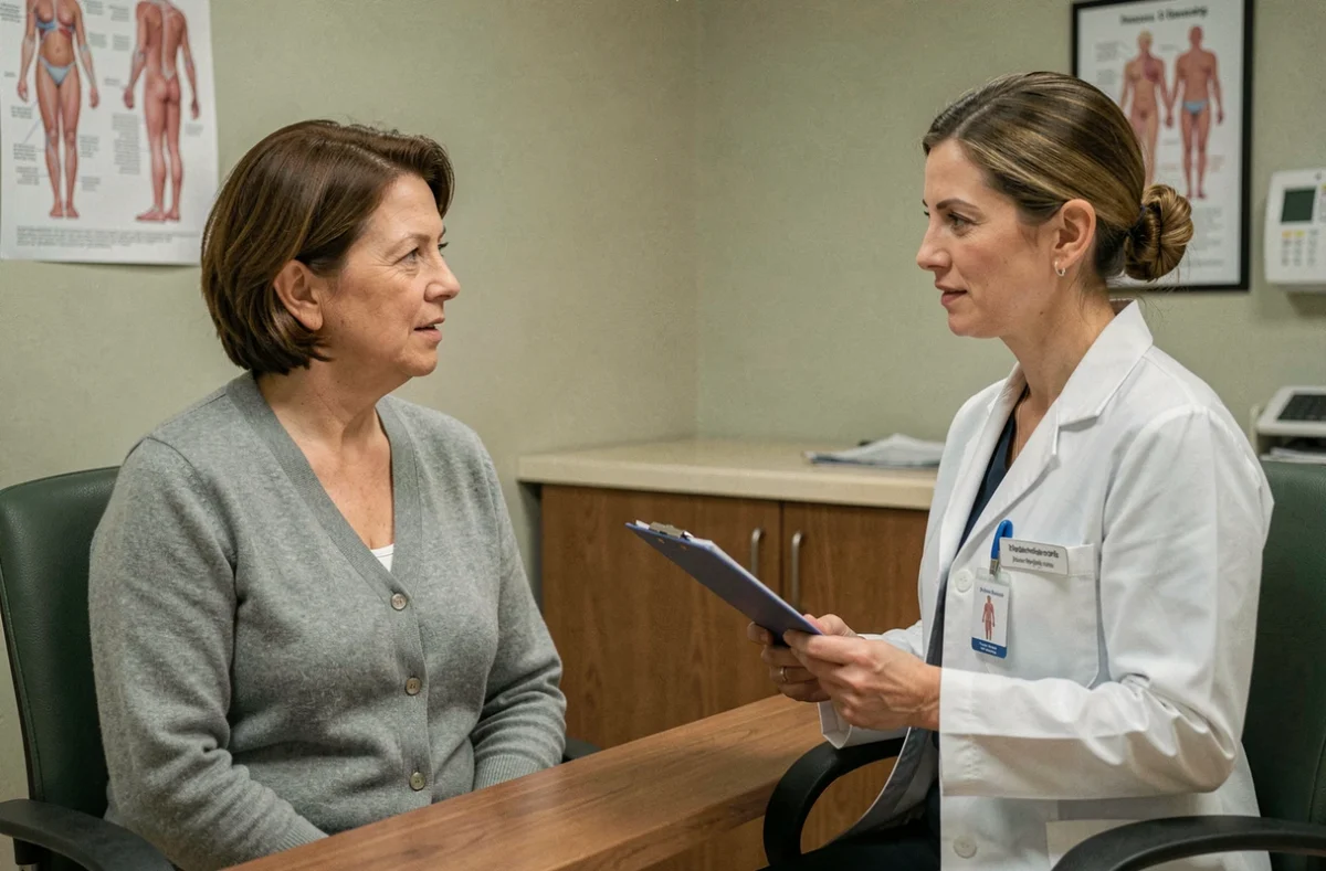 Patiente atteinte d'un cancer de la mâchoire en consultation avec son oncologue dans un cabinet médical calme
