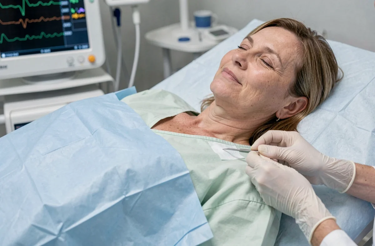 Patiente allongée en salle de cathétérisme lors d'une intervention de pose de stimulateur cardiaque