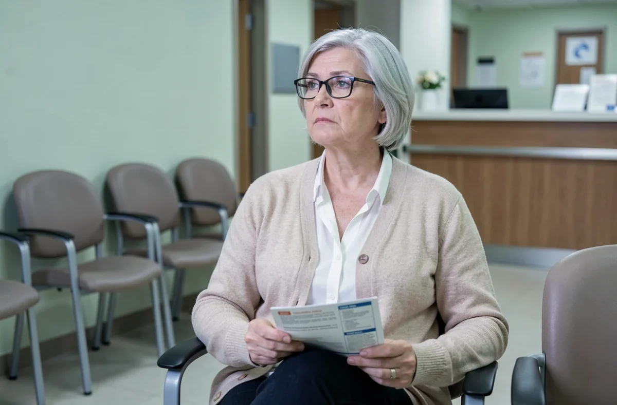 Patiente en salle d'attente médicale tenant une brochure, inquiète pour ses symptômes de ganglion et fatigue