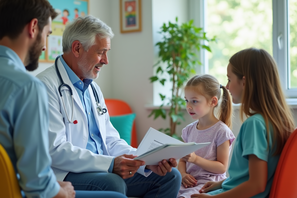 Pediatre expliquant le dossier à une enfant dans la salle d