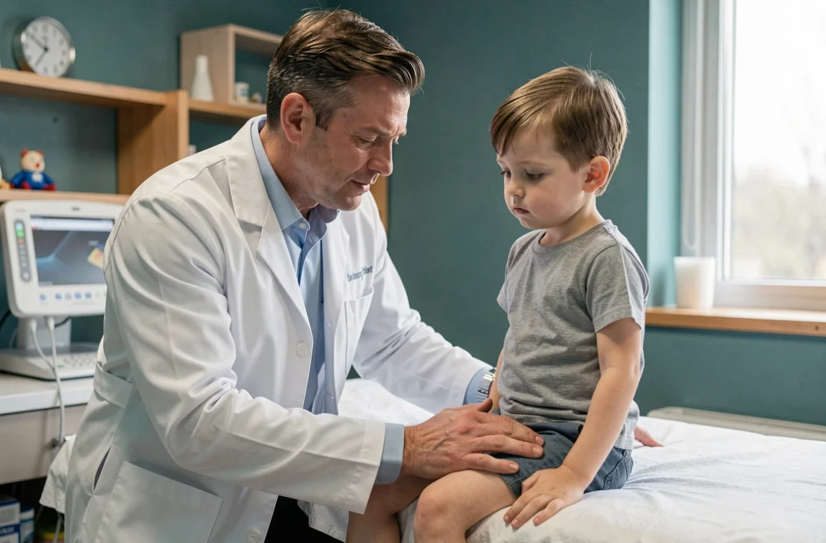 Pédiatre masculin examinant la région de l'aine d'un jeune enfant lors d'une consultation médicale