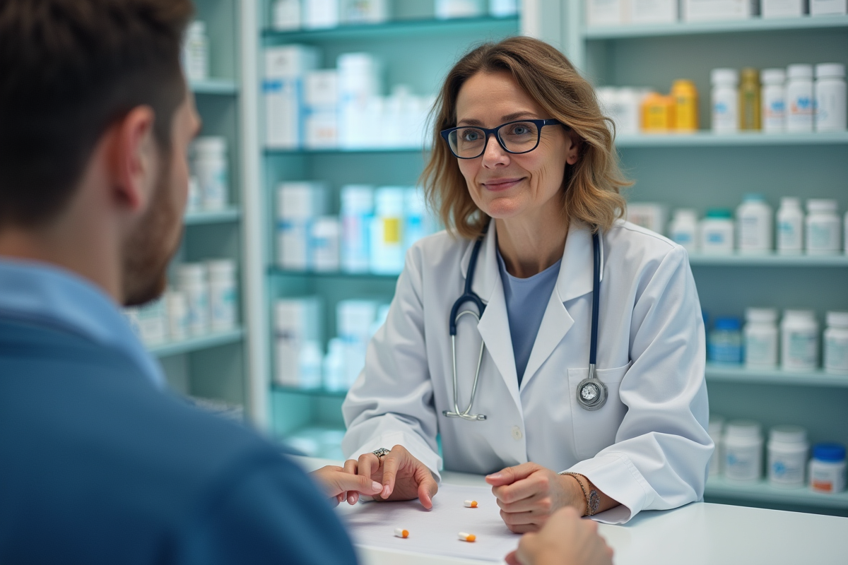 Pharmacienne conseillant un jeune homme en pharmacie