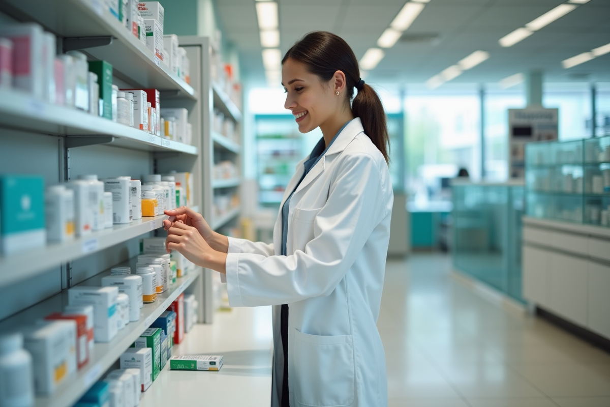 Pharmacienne souriante organise médicaments en pharmacie