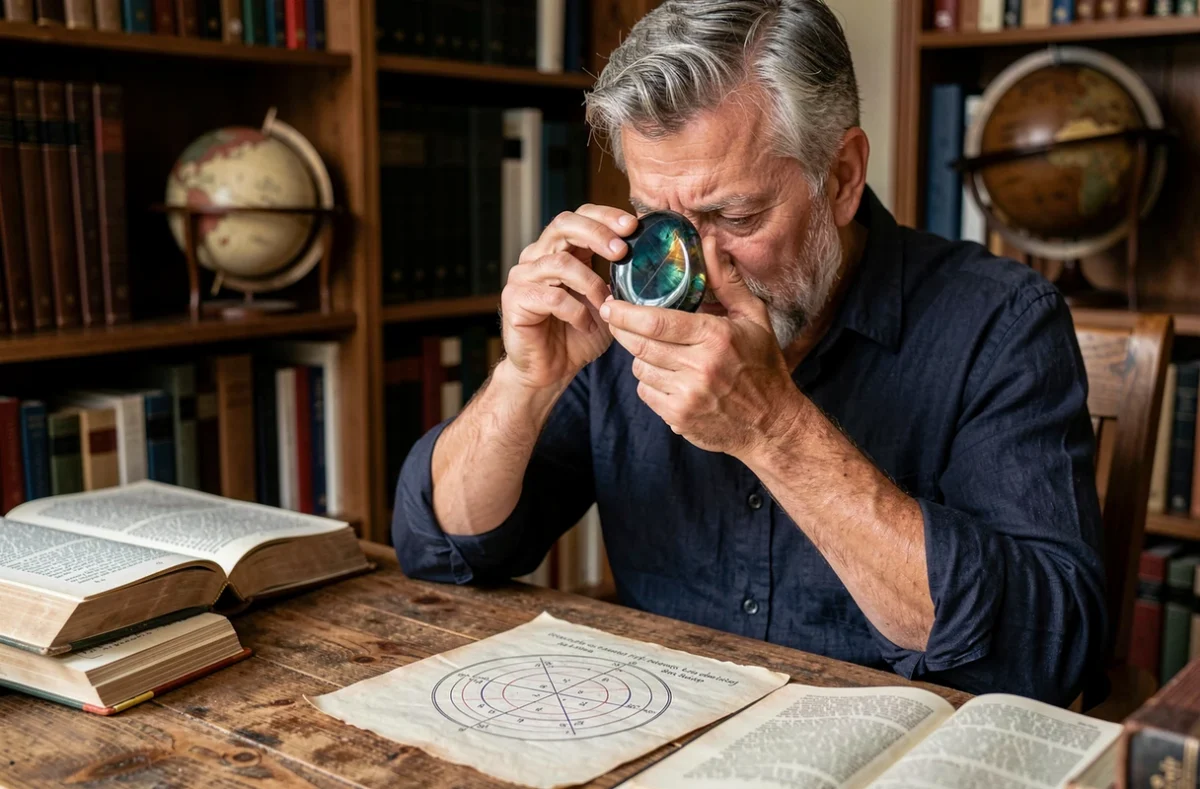 Homme tenant une pierre de labradorite près de ses yeux entouré de livres de gémologie et d'un thème astral manuscrit sur un bureau en chêne