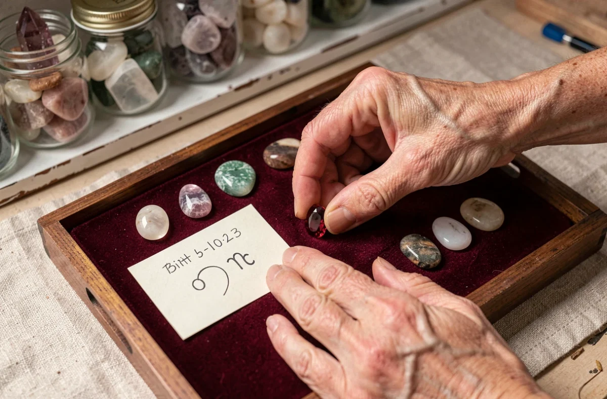Mains féminines plaçant une pierre de grenat rouge sur un plateau en velours avec une carte de date de naissance manuscrite et d'autres pierres de vie colorées