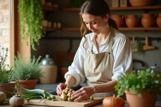Femme préparant des plantes médicinales comme le gingembre et l'aloe vera pour soulager le reflux gastrique naturellement