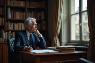 Portrait d'un homme politique français âgé assis à son bureau parisien, air pensif, illustrant le thème de la santé et de la vie publique