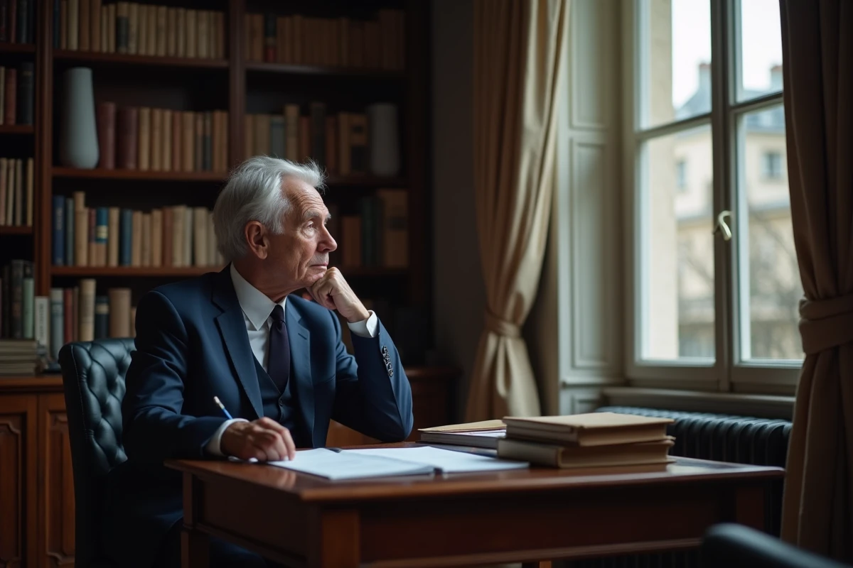 Portrait d'un homme politique français âgé assis à son bureau parisien, air pensif, illustrant le thème de la santé et de la vie publique