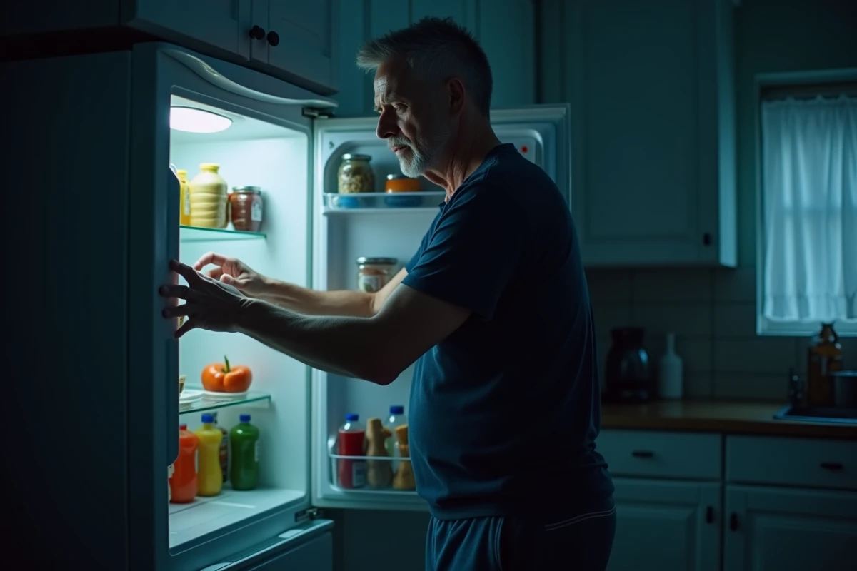 Homme se servant à manger devant un réfrigérateur ouvert la nuit, symbolisant la prise de poids liée au stress et aux troubles du sommeil