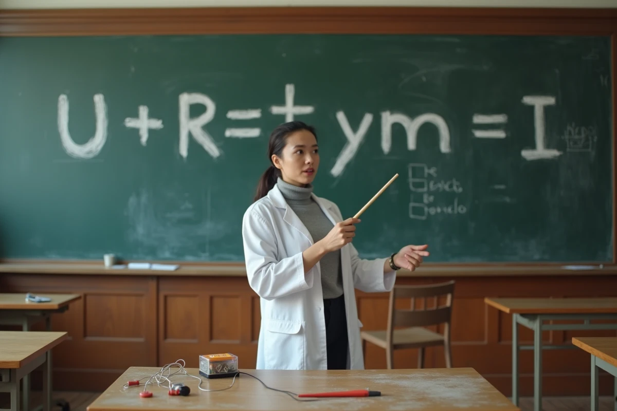 Professeure de physique écrivant la loi d'Ohm au tableau dans une salle de classe pour expliquer le calcul de la tension électrique