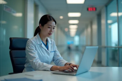 Femme professionnelle en hôpital effectuant une authentification numérique