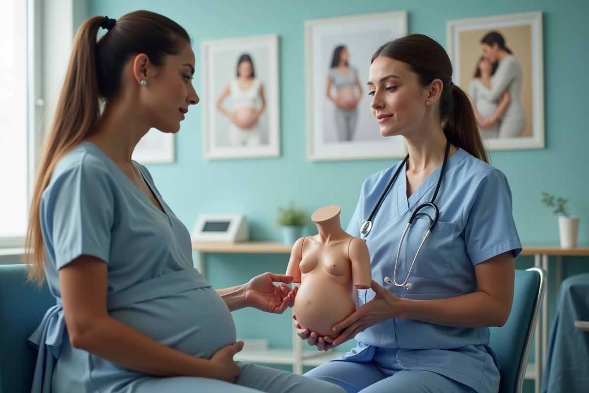 Professionnelle de santé montrant la lactation à une femme enceinte