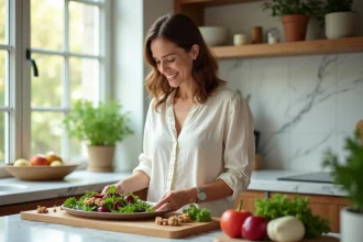 Femme préparant une salade saine riche en légumes pour réduire les transaminases naturellement à la maison