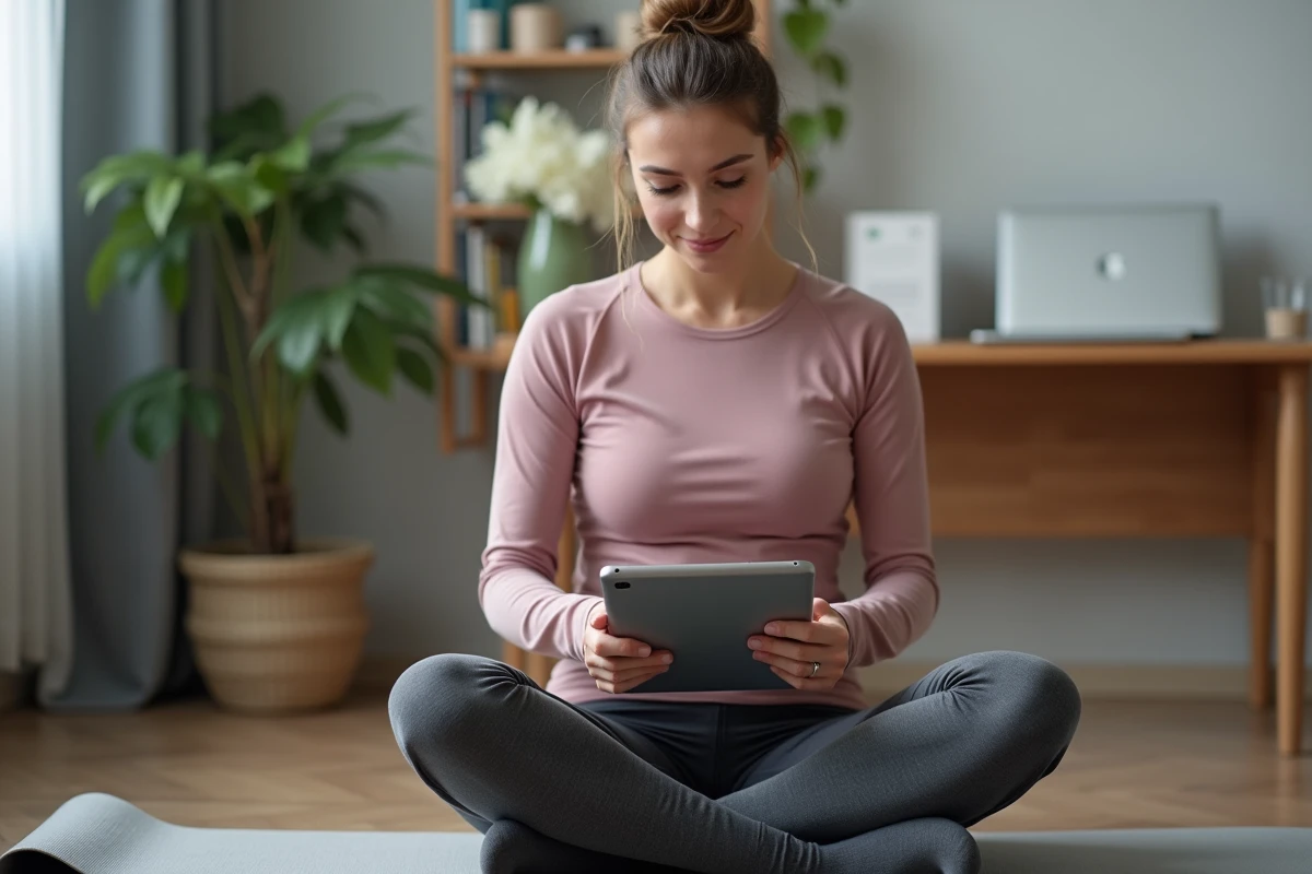 Femme consultant un programme Pilates sur tablette avant une séance rapide à domicile