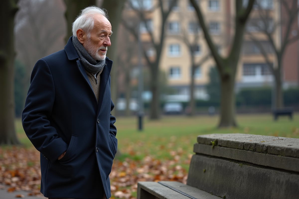 Homme âgé se promenant dans un parc en automne