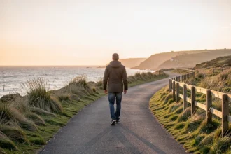 Promeneur sur un sentier côtier au lever du soleil