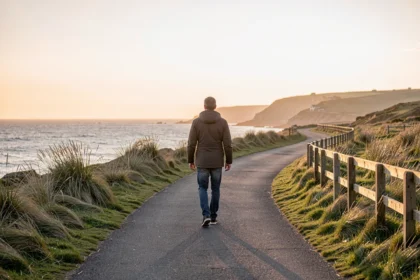Promeneur sur un sentier côtier au lever du soleil