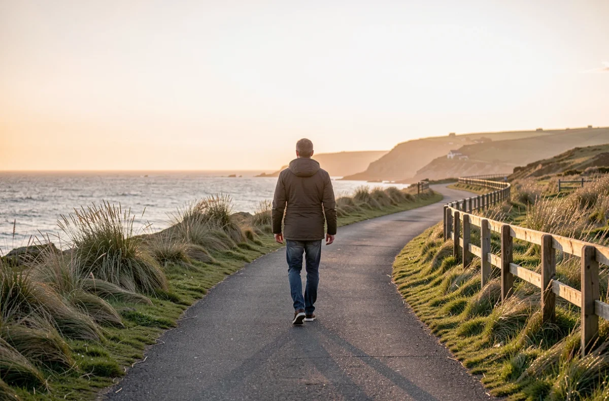 Promeneur sur un sentier côtier au lever du soleil