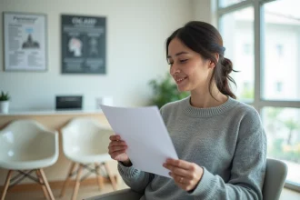 Femme attendant dans une salle d'attente de radiologie avec un document à la main, illustrant une radio sans ordonnance