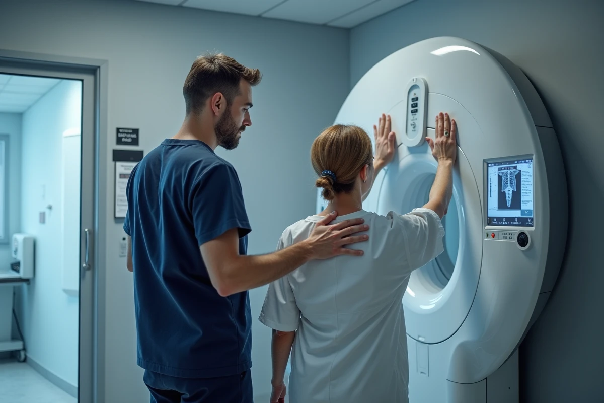 Radiologue accompagnant une patiente vers un appareil radiologique dans un cabinet médical moderne