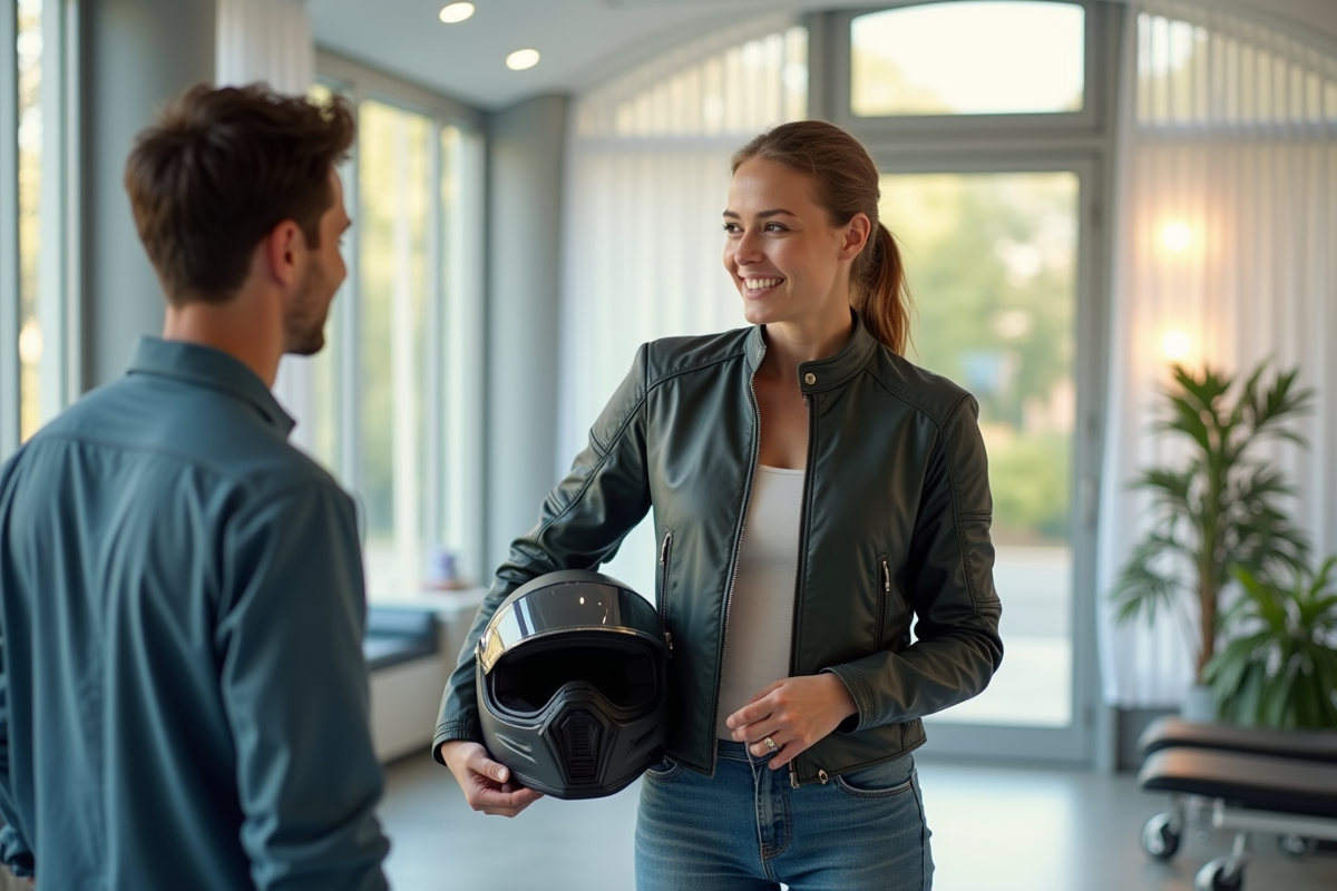 Femme en physiotherapie avec casque moto en main
